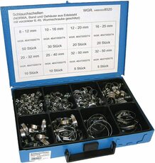 Hadicové spony se šroubovacím zámkem, 8-50 mm, nerezové, sada 150 ks v kufru