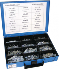 Závlačky DIN 94 1.6x32-5.0x50 mm, pozinkované, sada 1100 ks v kufru