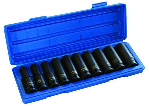 Hlavice nástrčné úderové 1/2", 10 - 24 mm, 6hranné, prodloužené, sada 10 ks