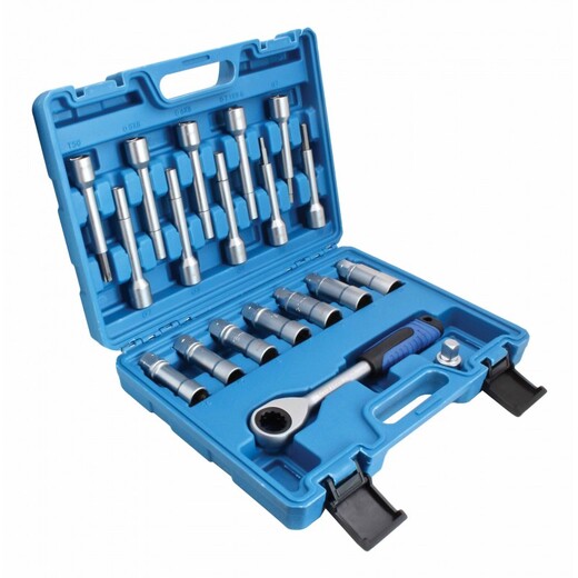 Hlavice na servis tlumičů, s průchozí ráčnou, sada 18 dílů - SATRA