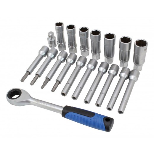 Hlavice na servis tlumičů, s průchozí ráčnou, sada 18 dílů - SATRA