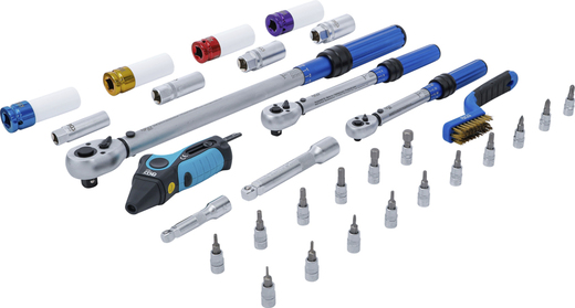 Momentové klíče 1/4", 3/8" a 1/2", 5-220 Nm, s hlavicemi, sada 31 dílů - BGS 74305