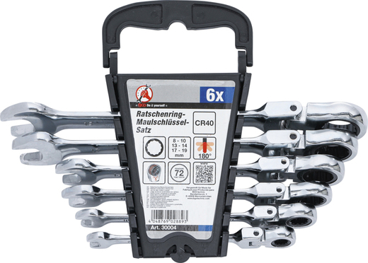 Očkoploché ráčnové klíče 8-19 mm, s kloubem, sada 6 dílů v držáku