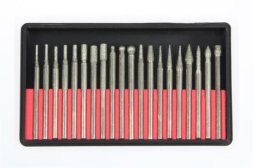 Frézy diamantové, různé tvary, 3 mm upínací dřík, sada 20 ks