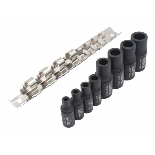 Nástrčné hlavice pro upnutí závitníků, magnetické, 1/4" a 3/8", 8 ks na liště - SATRA