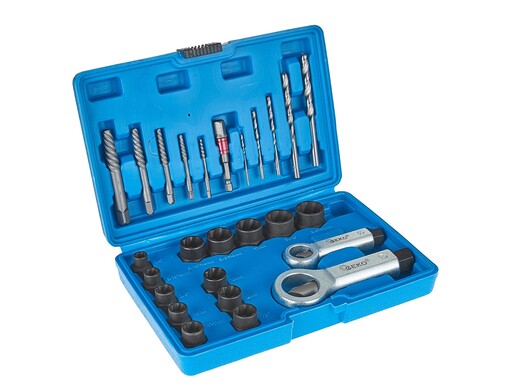 Vytahováky na poškozené šrouby, matice a čepy, se střihači matic, sada 26 ks