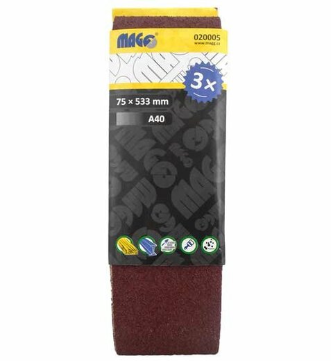 Brusné pásy, zrnitost A40, rozměr 75 x 533 mm, balení 3 kusy - MAGG 020005