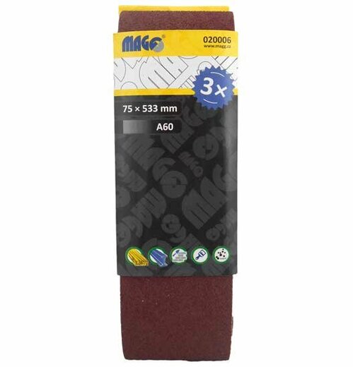 Brusné pásy, zrnitost A60, rozměr 75 x 533 mm, balení 3 kusy - MAGG 020006