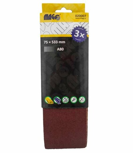 Brusné pásy, zrnitost A80, rozměr 75 x 533 mm, balení 3 kusy - MAGG 020007