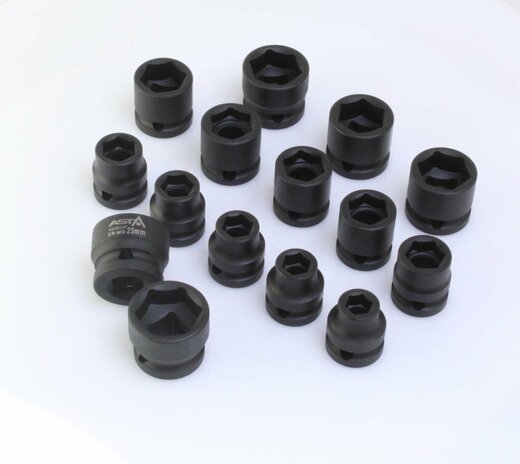 Hlavice nástrčné úderové 1/2", 10-24 mm, 6hranné extra krátké 28 mm, 15 ks na liště - ASTA