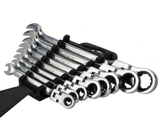 Klíče ráčnové očkoploché s kloubem, sada 8ks, 8–22 mm, plastový držák – GEKO G10338