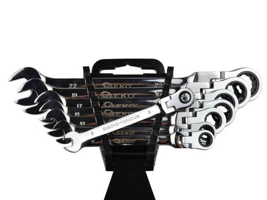 Klíče ráčnové očkoploché s kloubem, sada 8ks, 8–22 mm, plastový držák – GEKO G10338