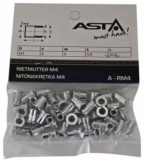 Maticové nýty M4 x 11 mm, s plochou hlavou, ocel, balení 50 ks - ASTA