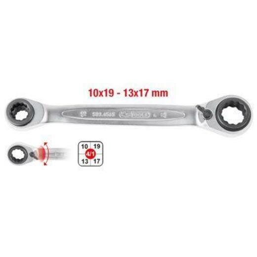 Ráčnový očkový klíč, 10x13x17x19mm , s přepínáním, GEAR plus 4 v 1 – KS TOOLS 503.4565