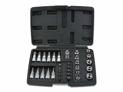 Hlavice 3/8” nástrčné a zástrčné TORX (T10-T55) a E-TORX (E4-E20), s nástavci, sada 34 ks