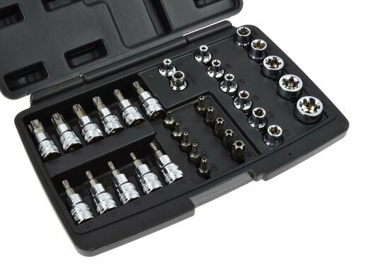 Hlavice 3/8” nástrčné a zástrčné TORX (T10-T55) a E-TORX (E4-E20), s nástavci, sada 34 ks